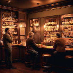 A cozy and lively bar scene with people enjoying drinks, chatting, and laughing