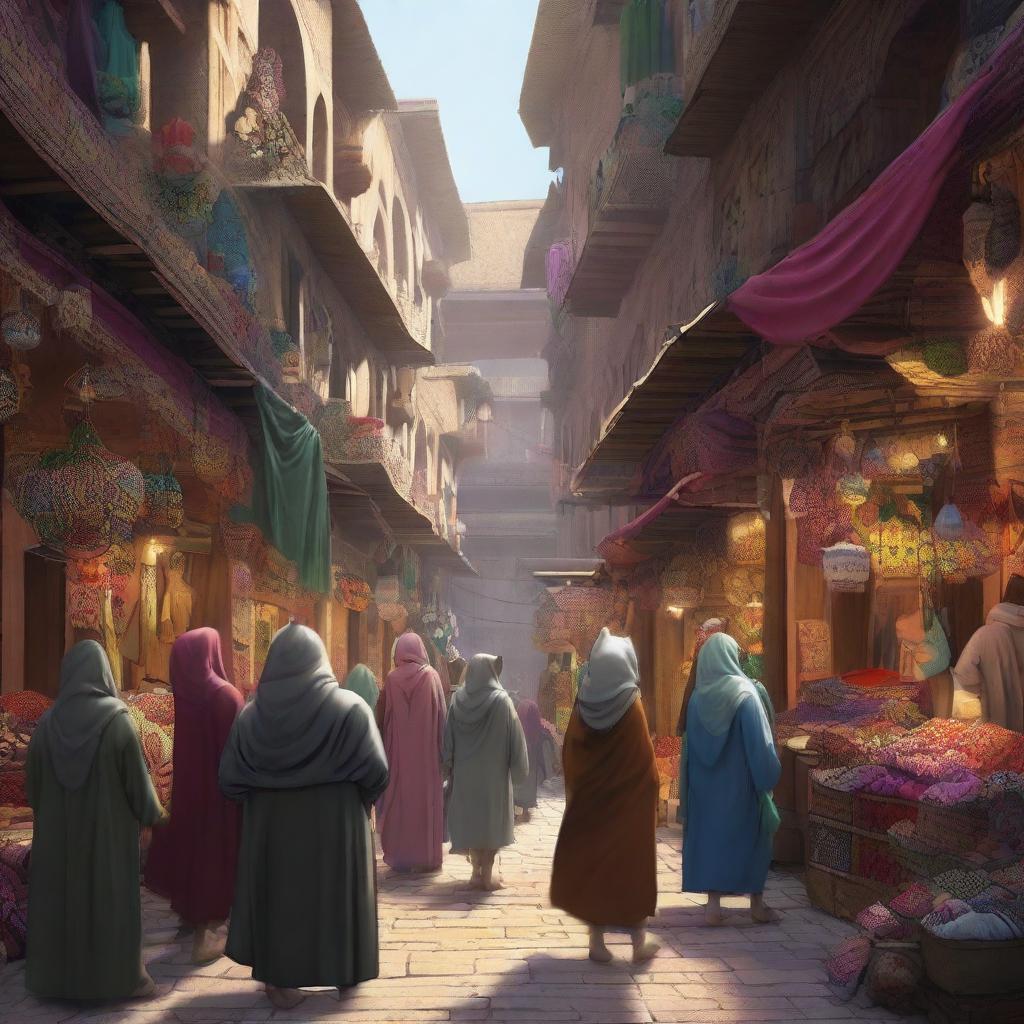 A bustling Arabic grand bazaar filled with vibrant stalls and colorful fabrics, populated by tabaxi, the feline humanoid creatures