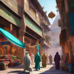 A bustling Arabic grand bazaar filled with vibrant stalls and colorful fabrics, populated by tabaxi, the feline humanoid creatures