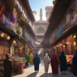 A bustling Arabic grand bazaar filled with vibrant stalls and colorful fabrics, populated by tabaxi, the feline humanoid creatures