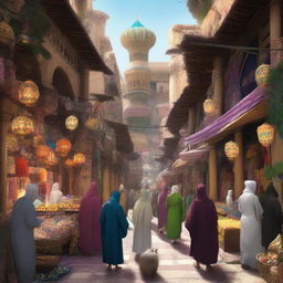 A bustling Arabic grand bazaar filled with vibrant stalls and colorful fabrics, populated by tabaxi, the feline humanoid creatures