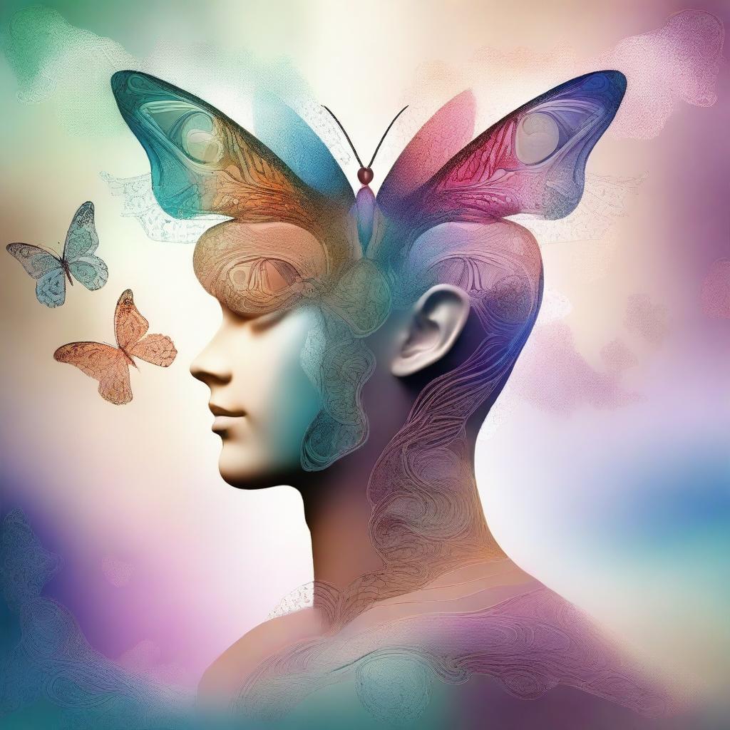 An image that combines visual elements of the mind and transformation, depicting a human head morphing into a butterfly with intricate patterns and colors symbolizing thoughts and ideas