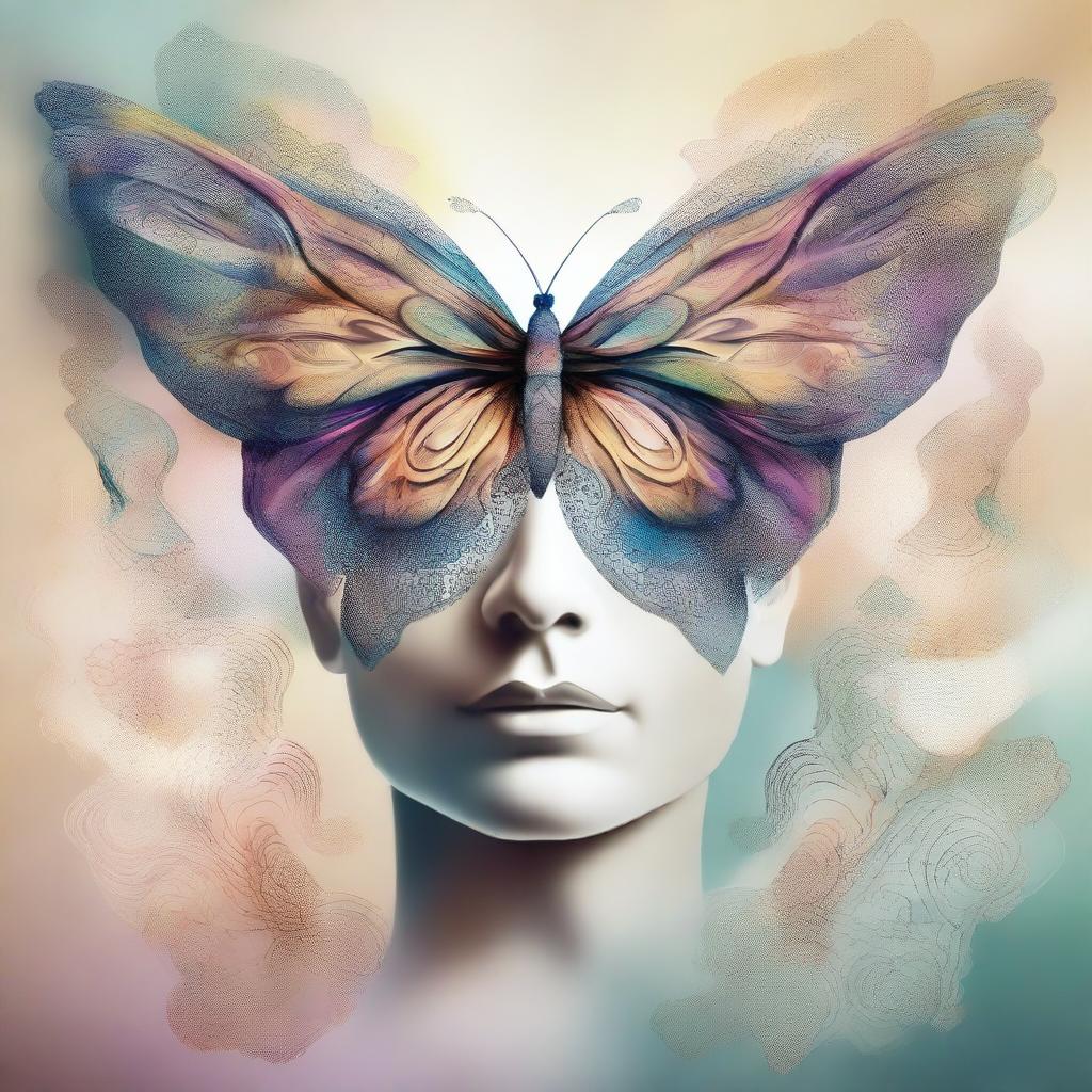 An image that combines visual elements of the mind and transformation, depicting a human head morphing into a butterfly with intricate patterns and colors symbolizing thoughts and ideas