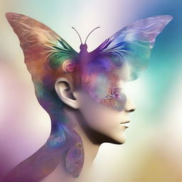 An image that combines visual elements of the mind and transformation, depicting a human head morphing into a butterfly with intricate patterns and colors symbolizing thoughts and ideas