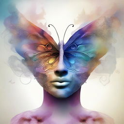 An image that combines visual elements of the mind and transformation, depicting a human head morphing into a butterfly with intricate patterns and colors symbolizing thoughts and ideas