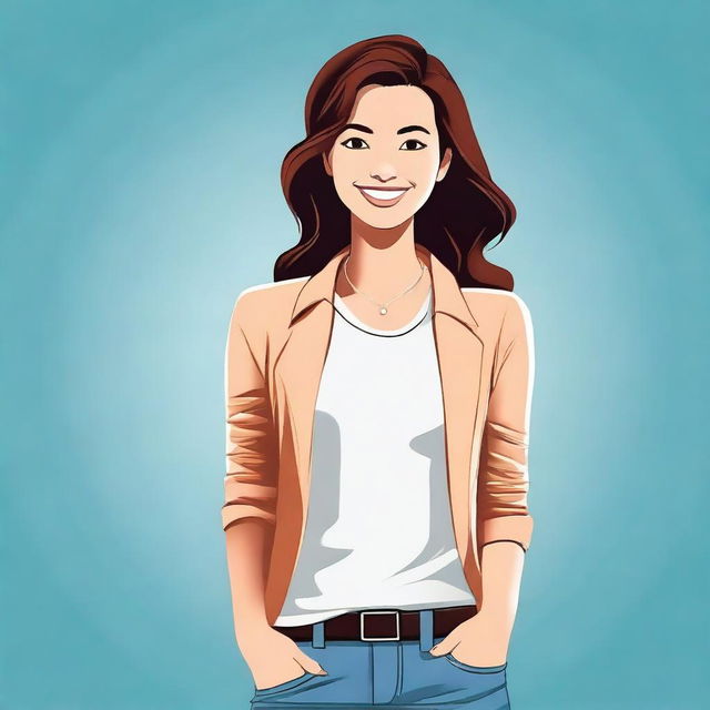 A digital illustration of an attractive woman with a friendly smile, wearing casual yet stylish clothing