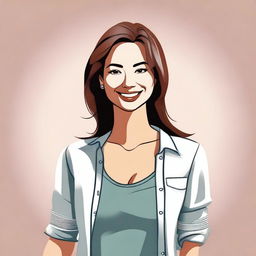 A digital illustration of an attractive woman with a friendly smile, wearing casual yet stylish clothing