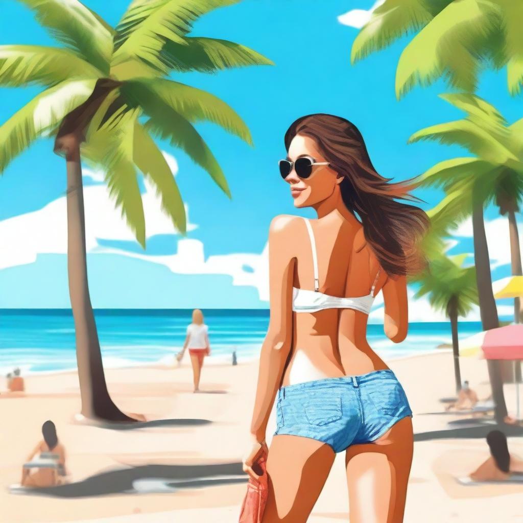 Generate an image of a woman in mini shorts at the beach