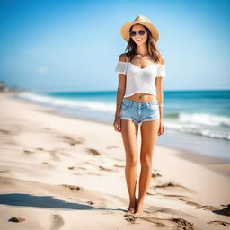 Generate an image of a woman wearing mini shorts on the beach