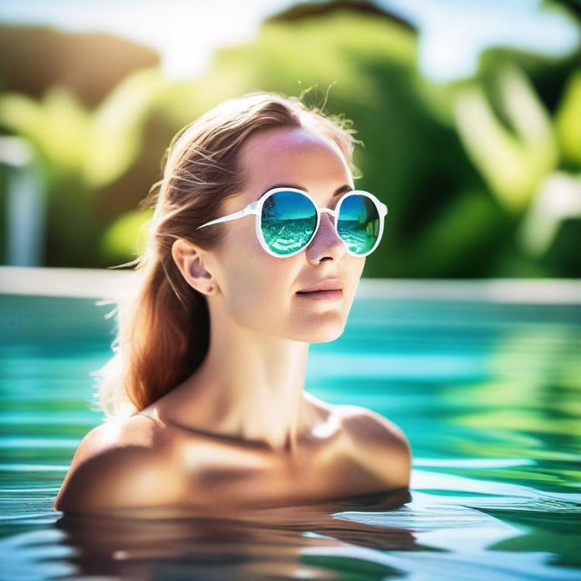 A beautiful and confident woman enjoying a swim in a luxurious pool