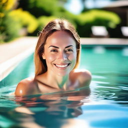 A beautiful and confident woman enjoying a swim in a luxurious pool