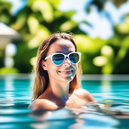 A beautiful and confident woman enjoying a swim in a luxurious pool