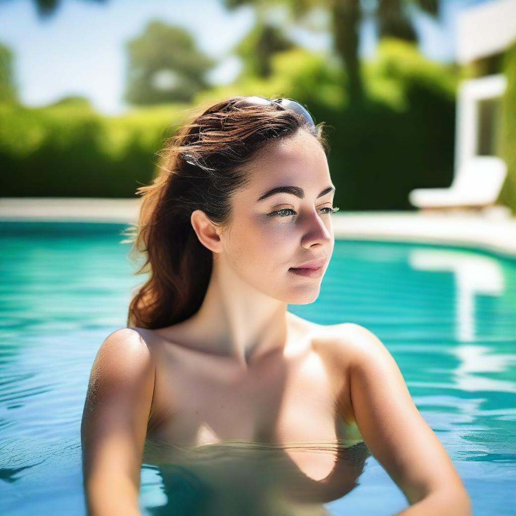 A beautiful and confident woman with a curvy figure enjoying a swim in a luxurious pool