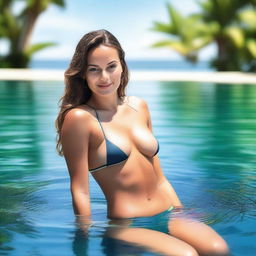 A beautiful and confident woman with a slim and curvy figure, wearing a small and stylish bikini, enjoying a swim in a luxurious pool