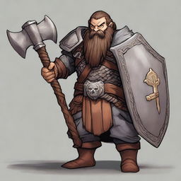 A male dwarf warrior with dark brown hair and a thick, braided beard