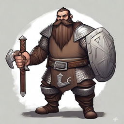 A male dwarf warrior with dark brown hair and a thick, braided beard