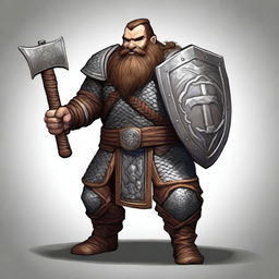 A male dwarf warrior with dark brown hair and a thick, braided beard