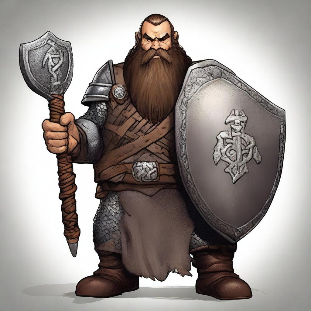 A male dwarf warrior with dark brown hair and a thick, braided beard