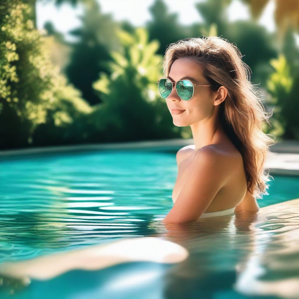 A slim and attractive woman wearing a small bikini, enjoying a swim in a luxurious pool