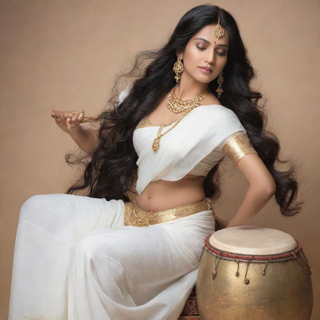 Goddess Saraswati in graceful white saree and intricate jewelry, with flowing long hair, engaged in a serene moment on a drum.