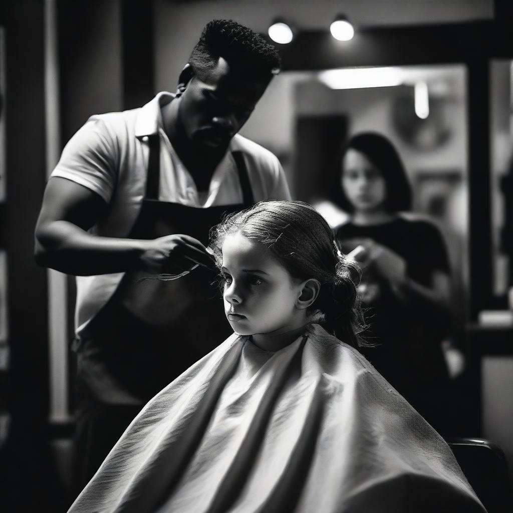 A dramatic scene where a young girl is getting a haircut against her will by a barber in a dimly lit barbershop