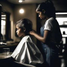 A dramatic scene where a young girl is getting a haircut against her will by a barber in a dimly lit barbershop