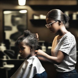 A dramatic scene where a young girl is getting a haircut against her will by a barber in a dimly lit barbershop