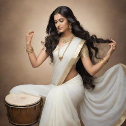 Goddess Saraswati in graceful white saree and intricate jewelry, with flowing long hair, engaged in a serene moment on a drum.