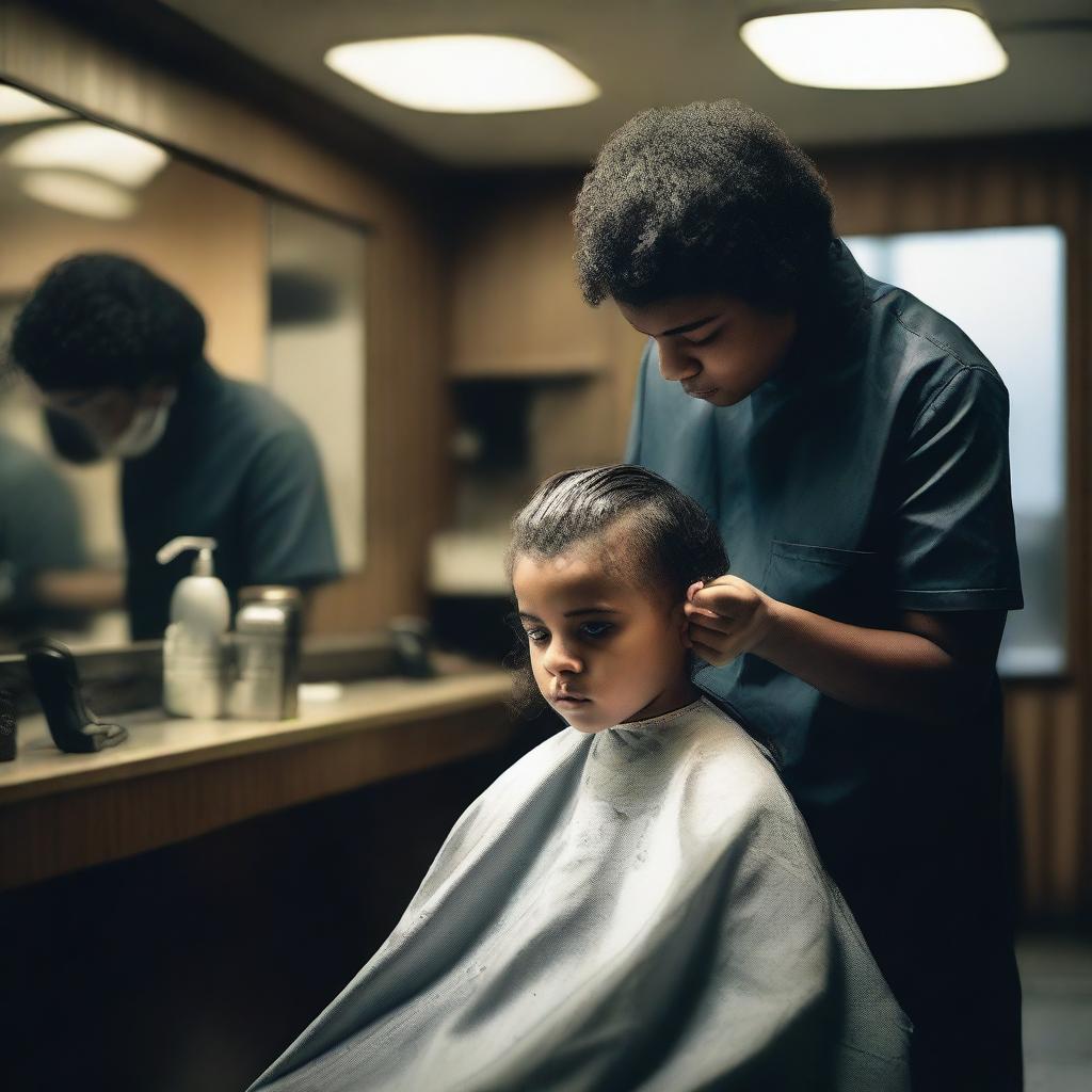 A dramatic scene where a young girl is getting a haircut against her will by a barber in a dimly lit barbershop