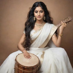 Goddess Saraswati in graceful white saree and intricate jewelry, with flowing long hair, engaged in a serene moment on a drum.