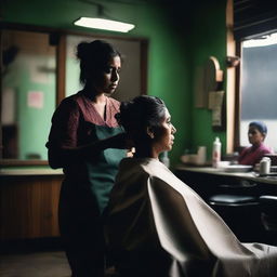 A dramatic scene where an Indian woman is getting a haircut against her will by a barber in a dimly lit barbershop