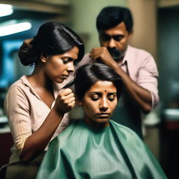 A dramatic scene where an Indian woman is getting a haircut against her will by a barber in a dimly lit barbershop