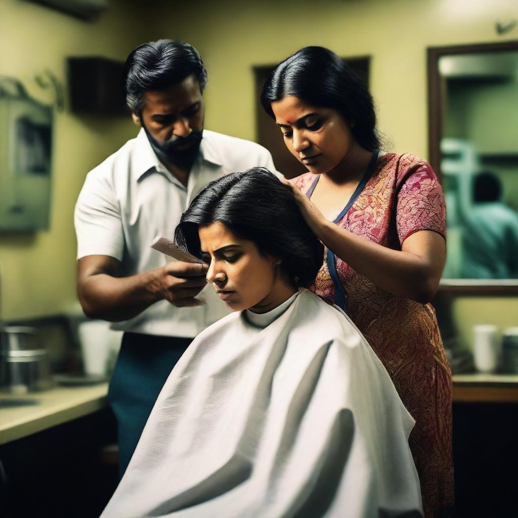 A dramatic scene where an Indian woman is getting a haircut against her will by a barber in a dimly lit barbershop