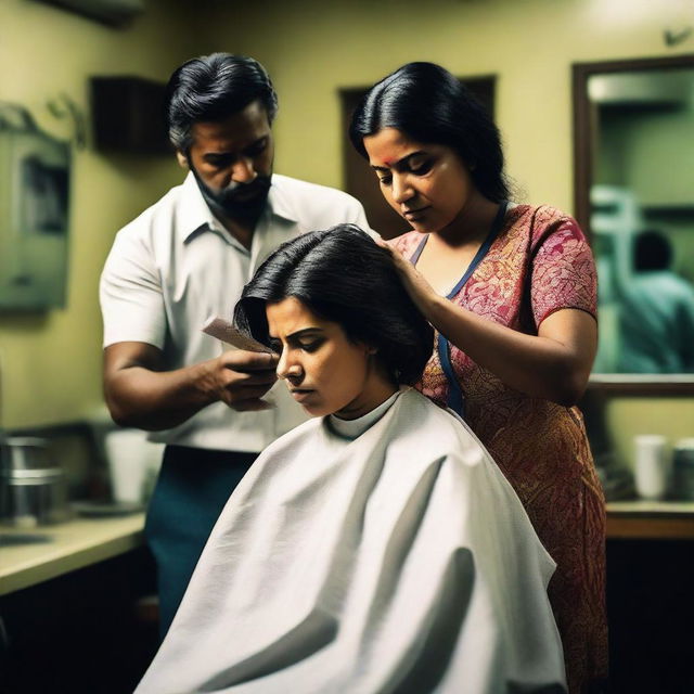 A dramatic scene where an Indian woman is getting a haircut against her will by a barber in a dimly lit barbershop