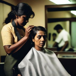 A dramatic scene where an Indian woman is getting a haircut against her will by a barber in a dimly lit barbershop