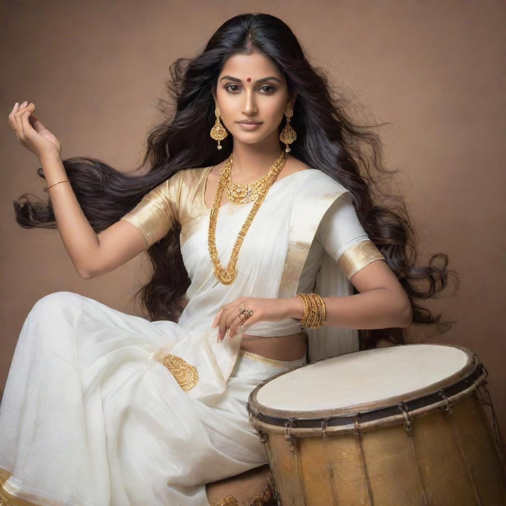 Goddess Saraswati in graceful white saree and intricate jewelry, with flowing long hair, engaged in a serene moment on a drum.