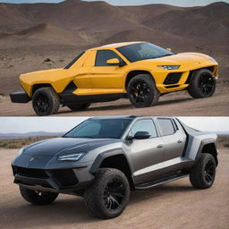 A Lamborghini car transformed into a luxury pickup truck, complete with a large cargo bed, the distinctive angular design of Lamborghini, and maintaining its high-performance features.