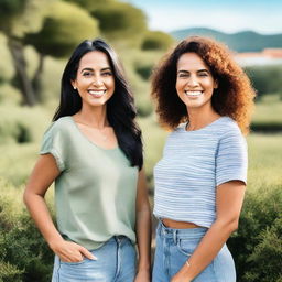 Two women standing together in a beautiful outdoor setting