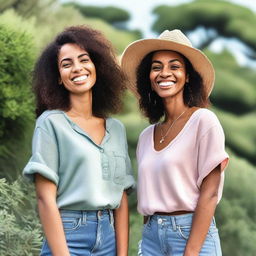 Two women standing together in a beautiful outdoor setting