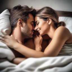 A romantic scene featuring an attractive couple in bed