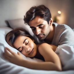 A romantic scene featuring an attractive couple in bed