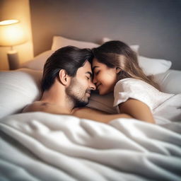 A romantic scene featuring an attractive couple in bed