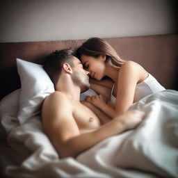 A romantic scene featuring an attractive couple in bed