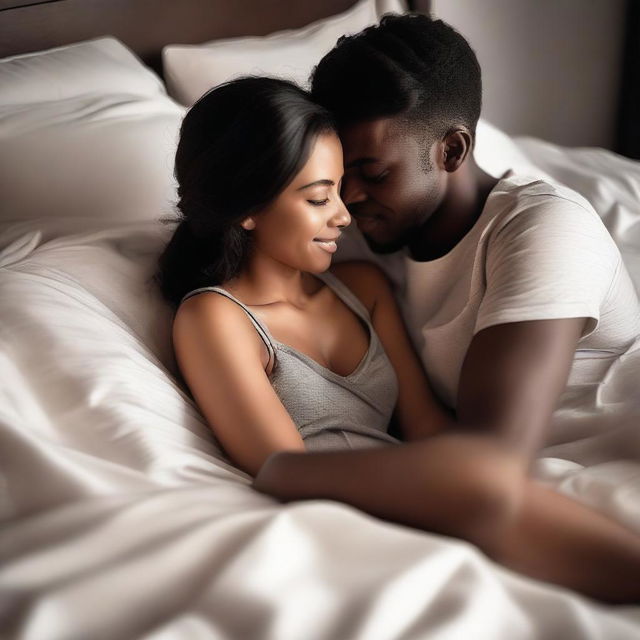 A romantic and intimate scene featuring a couple in bed