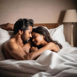 A romantic and intimate scene featuring a couple in bed