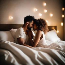 A romantic and intimate scene featuring a couple in bed