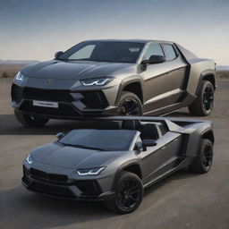 A Lamborghini car transformed into a luxury pickup truck, complete with a large cargo bed, the distinctive angular design of Lamborghini, and maintaining its high-performance features.