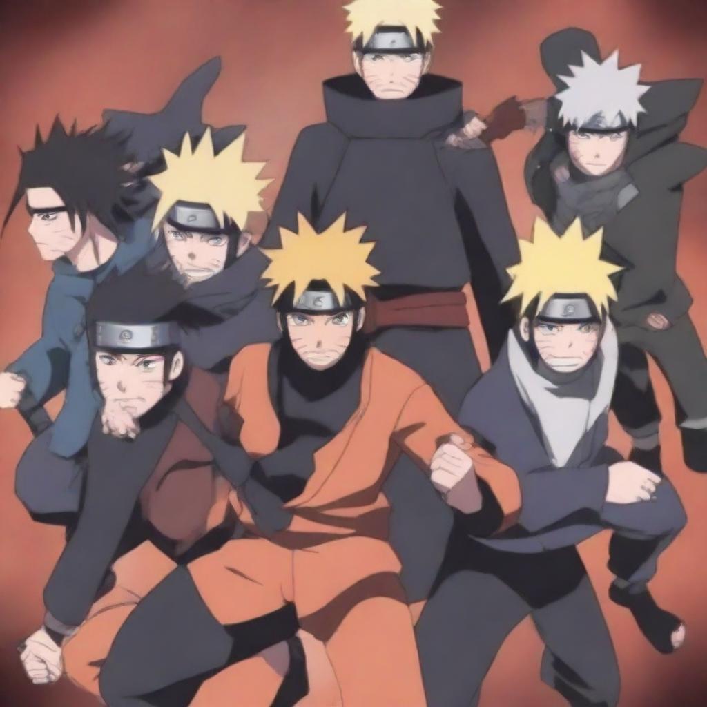 Create an image featuring characters from the Naruto universe, showcasing their iconic ninja outfits and unique abilities