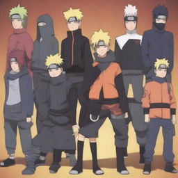 Create an image featuring characters from the Naruto universe, showcasing their iconic ninja outfits and unique abilities