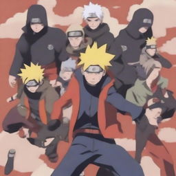 Create an image featuring characters from the Naruto universe, showcasing their iconic ninja outfits and unique abilities